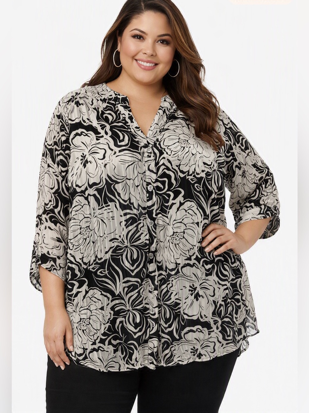 Sara Michelle Women’s Sheer Button Front Blouse in Cream/Black Floral Sz 1X